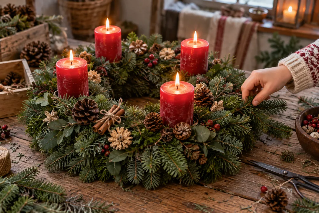 Handgemachter Adventskranz mit vier roten Kerzen.