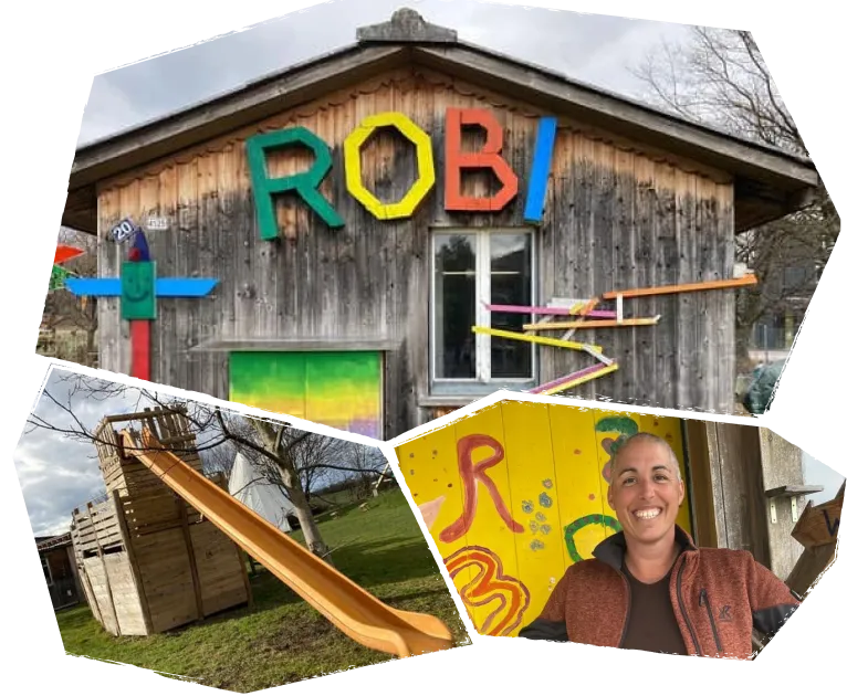 Collage mit dem Robi-Gebäude, einer Rutschbahn und einem Mitarbeitenden.